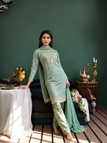 Organza Suit with Zari Work